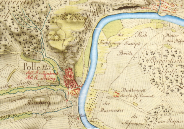 Detailiertes altes Stadtplan von Polle, Deutschland, der Straße, Gebäude und einen Fluss durch die Stadt darstellt.