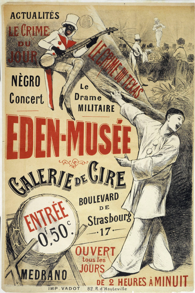 Ein Plakat, das das Eden-Musee Galerie de Cire in Strasbourg, Frankreich, bewirbt, zeigt eine Person, die ein Musikinstrument spielt, umgeben von anderen Musikern, die verschiedene Instrumente spielen, mit Text, der wahrscheinlich Informationen ├╝ber das Ereignis enth├Ąlt.