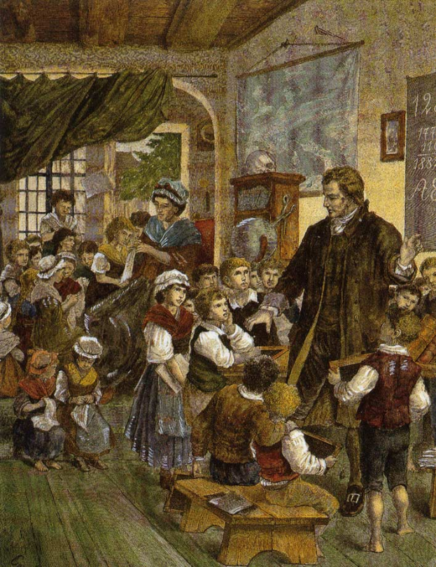 Ein Bild namens «Die Klasse des Lehrers» von William Hogarth zeigt einen Mann, der vor einem Klassenzimmer mit Kindern steht, einige sitzen auf Bänken und andere stehen, mit einer Tafel, einem Foto, einem Fenster, einem Vorhang und einem Dach auf der rechten Seite.