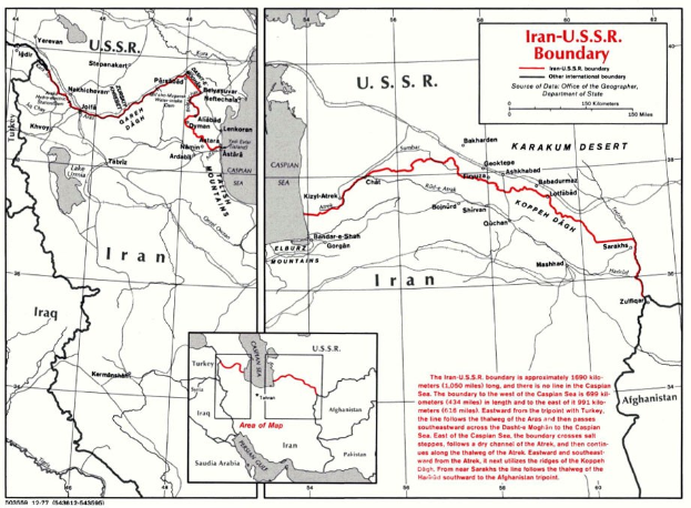 Detailierte Kartenvorlage der iranisch-sowjetischen Grenze mit geografischen Merkmalen und Landesgrenzen, begleitet von erklärendem Text.