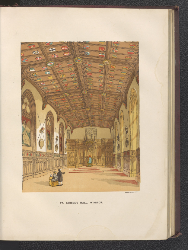 Offenes Buch mit detaillierter Illustration des St. Georgs-Hallen-Interieurs in Windsor, England, mit sichtbarer Architektur, Menschen und Text auf einer schwarzen Oberfläche.