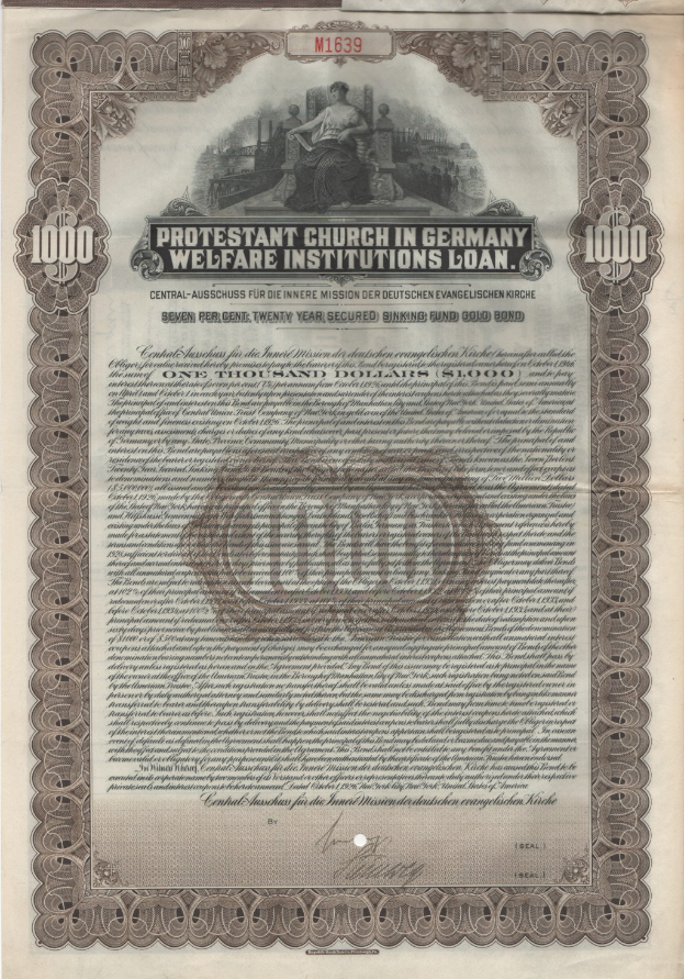 Alter Dokumenttitel "Protestantische Kirche in Deutschland Wohlfahrtsinstitute Kredit" mit Schwarz-Weiß-Porträt eines Mannes in Anzug und Krawatte mit ernstem Gesichtsausdruck vor hellblauem Hintergrund.