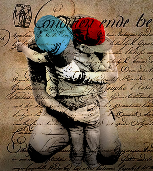 Ein Mann und eine Frau mit Mützen umarmen sich liebevoll auf einem Blatt Papier mit Text und Stempel.