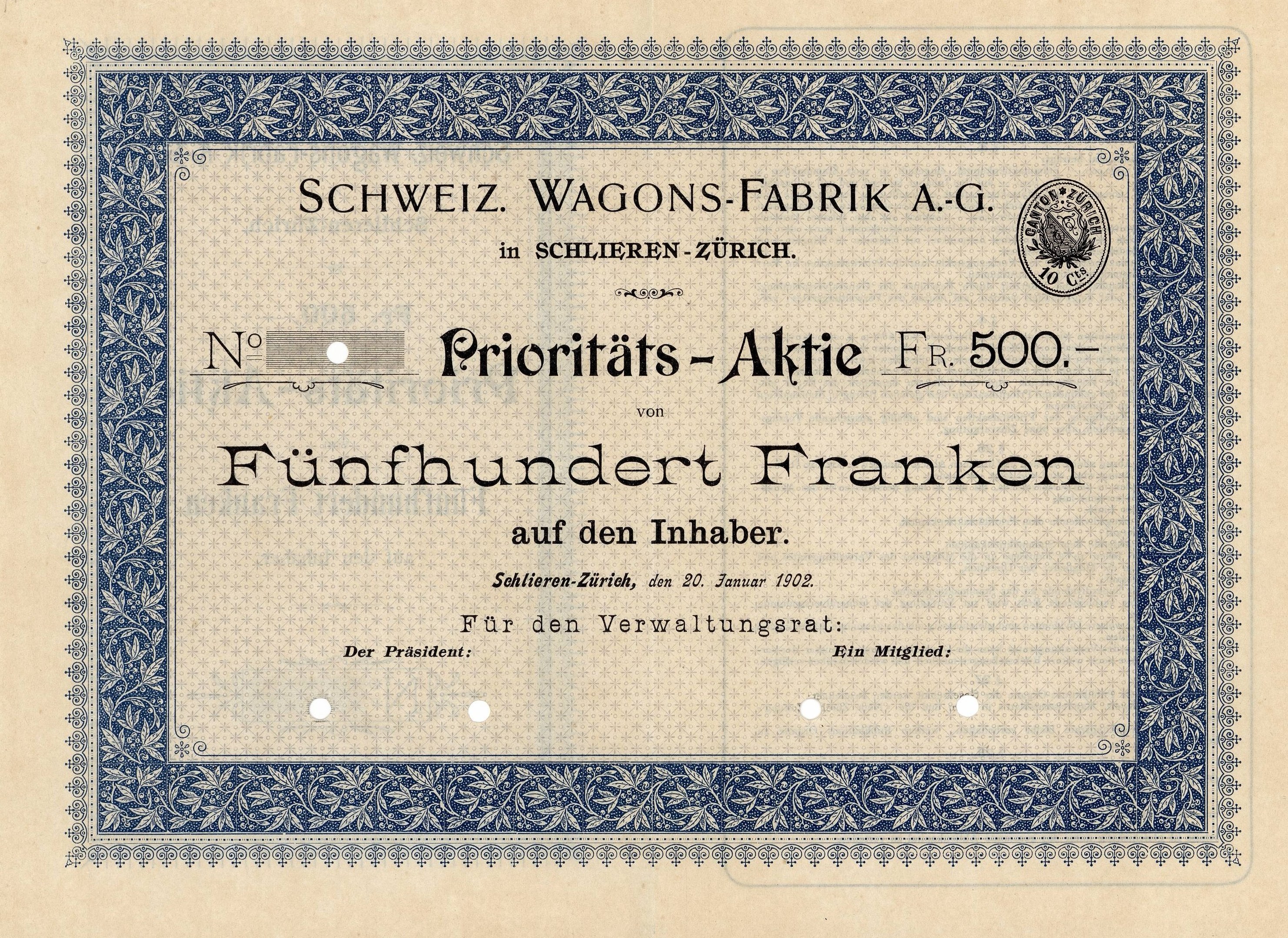 Altes deutsches Aktienzertifikat mit blauem Rand und Text 'Schweiz Wagons-Fabrik A.G.'