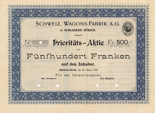 Altes deutsches Aktienzertifikat mit blauem Rand und Text 'Schweiz Wagons-Fabrik A.G.'