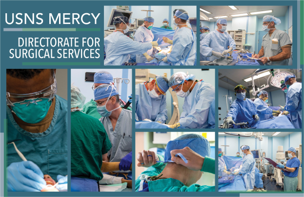 Eine Gruppe von medizinischem Personal in Masken, Hauben und Handschuhen führt einen Eingriff in einem Operationssaal durch, wobei auf der linken Seite der Text 'USNS Mercy Directorate for Surgical Services' zu sehen ist.