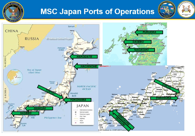 Ein detaillierter Plan der MSC Japan-Häfen mit Logos oben und fetter Schrift.