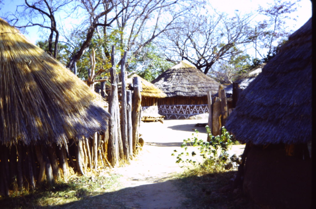 Eine Dorfszene mit Hütten, Bäumen und Gras am Boden und dem Himmel oben.