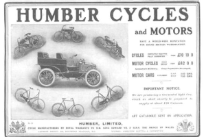 Eine Werbung für Humber Cycles und Motors, die verschiedene Fahrzeuge und Fahrräder zeigt.