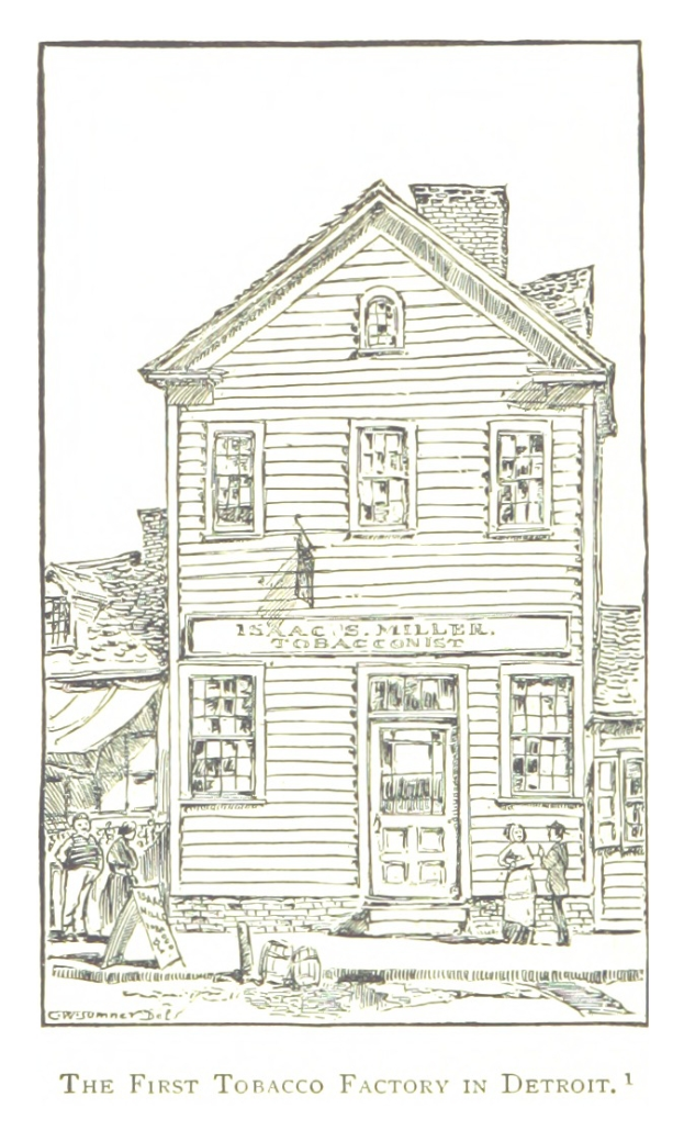 Eine Zeichnung der ersten Tabakfabrik in Detroit, mit ein paar Menschen davor und Text unten.
