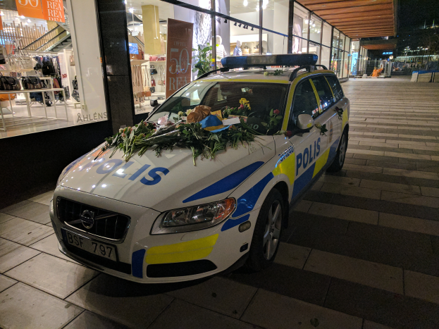 Ein mit Blumen und Blättern geschmücktes Polizeiauto steht nachts vor einem Laden mit Glaswänden, mit Puppen in Kleidern, Texttafeln und anderen Gegenständen im Inneren und Bäumen und Gebäuden im Hintergrund.