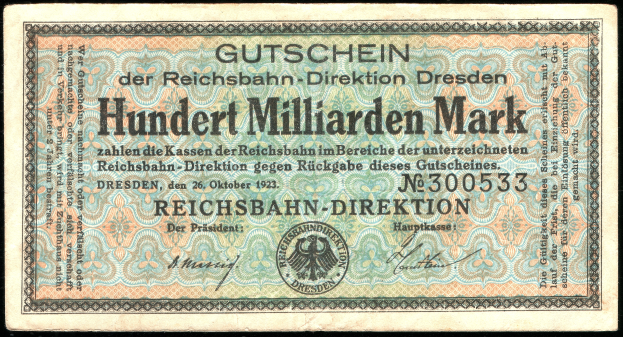 Ein alter deutscher Geldschein mit schwarzem Hintergrund, der das Porträt eines Mannes und den Text "Gutschein" zeigt.