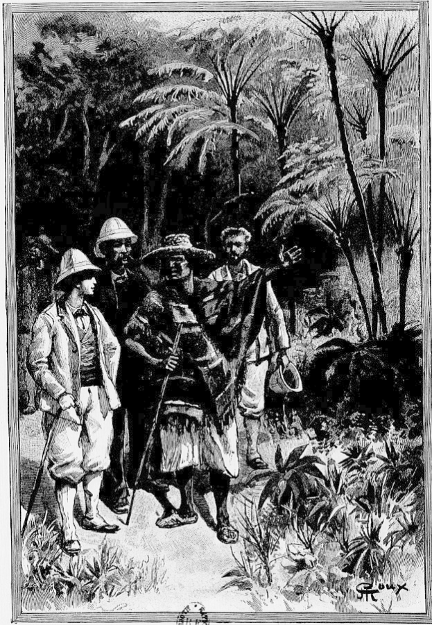 Eine Gruppe von Menschen in traditioneller Kleidung und Hüten geht durch einen üppigen Wald, mit dem Text "Die Rückkehr des Königs des Dschungels" unten.