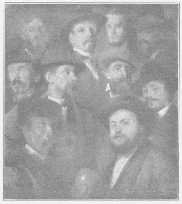 Ein Schwarz-Weiß-Foto einer Gruppe von Männern in Hüten, einer hält einen Ball, mit Text unten: "Gustav Klimt - Der Ball."