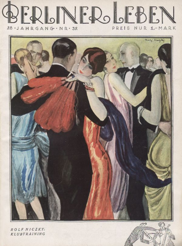 Ein Magazin-Cover mit einem Gemälde von einem Mann und einer Frau, die tanzen, wobei der Mann einen Anzug trägt und die Frau ein Kleid trägt, mit der Aufschrift 'Berliner Leben' und einem Logo unten.