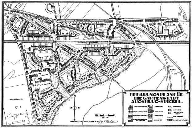Eine detaillierte schwarz-weiße Karte von Augsburg, Deutschland, die Straßen, Gebäude und Sehenswürdigkeiten zeigt.
