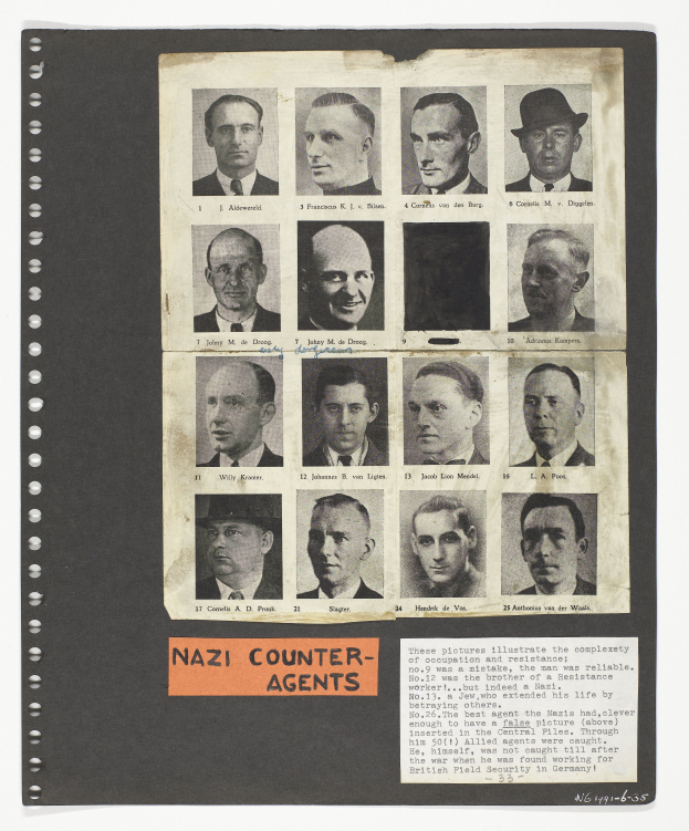 Ein Schwarz-Weiß-Foto eines Mannes im Anzug und mit Krawatte, dunklem, zurückgekämmtem Haar und ernstem Gesichtsausdruck, mit den Worten 'Nazi-Gegenspionage' darauf.