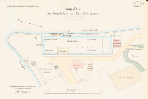 Ein altes Stadtplan von Stuttgart, Deutschland, mit einem detaillierten Plan des Gebiets und begleitendem Text.
