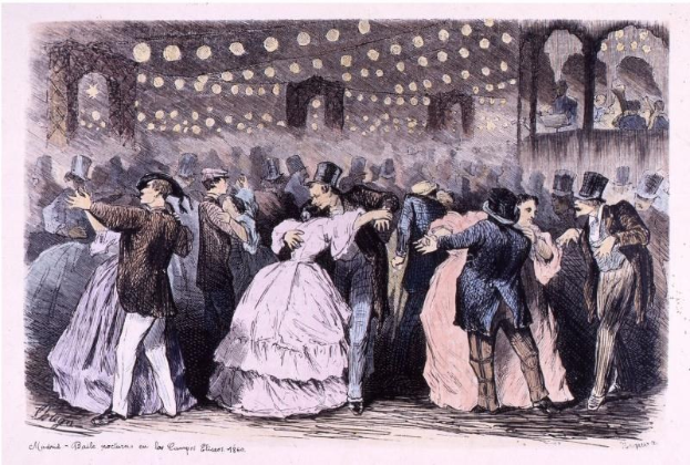 Eine Gruppe von Menschen, die in einem Ballsaal tanzen, mit Text, der unten 'Madame Baille Nacional en la Campagne Bleuet, 1860' lautet.