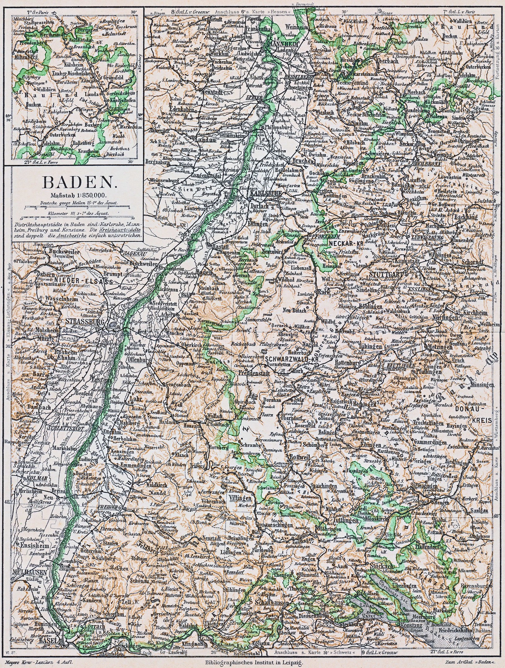 Detailiertes altes Kartenbild von Baden-Württemberg, Deutschland, mit Text oben und unten, das Straßen, Städte und geographische Merkmale zeigt.