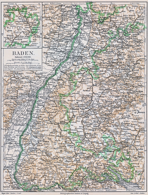 Detailiertes altes Kartenbild von Baden-Württemberg, Deutschland, mit Text oben und unten, das Straßen, Städte und geographische Merkmale zeigt.