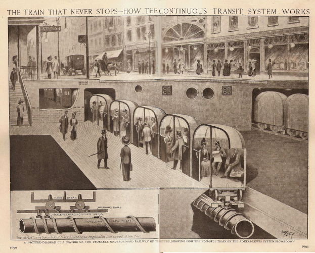 Ein Blatt Papier mit Bildern von Menschen, Zügen und anderen Gegenständen sowie dem Text "Der Zug, der nie aufhört - wie das durchgehende Transportsystem funktioniert".