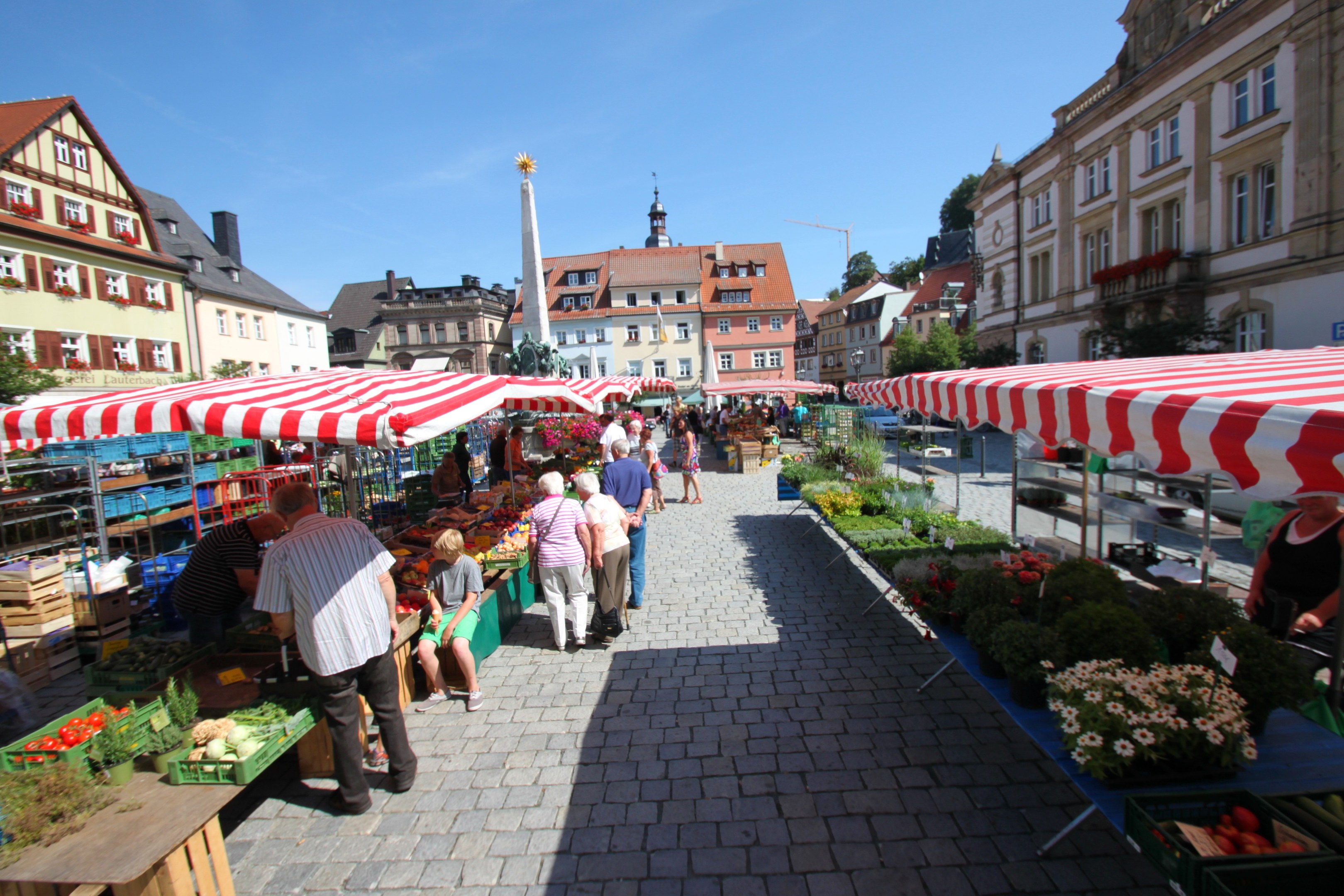 Ein belebter Markt im alten Stadtkern von Heidelberg mit Menschen, Bänken, Zelten, Gemüsekörben, Gebäuden, Bäumen und einem klaren blauen Himmel.