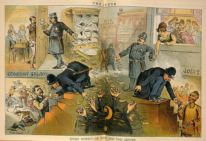 Eine Karikatur einer Gerichtsszene mit einem Richter in der Mitte, der einen Stock und ein Buch hält, umgeben von Menschen, die stehen und sitzen, mit Papieren auf dem Boden, die "Schweigegeld oder Geld für die Kanalisation" lesen.