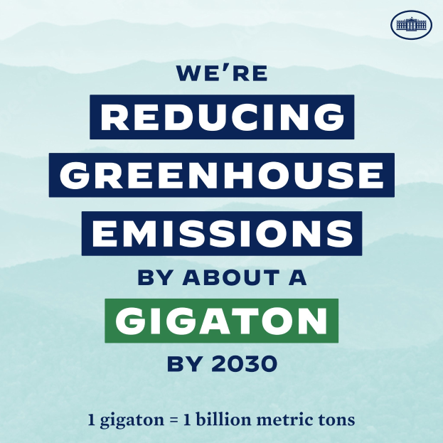 Plakat mit Text und Logo, das 'Wir reduzieren die Treibhausgasemissionen um etwa eine Gigatonne bis 2030' verkündet und für die Reduzierung von Treibhausgasen bis 2030 wirbt.