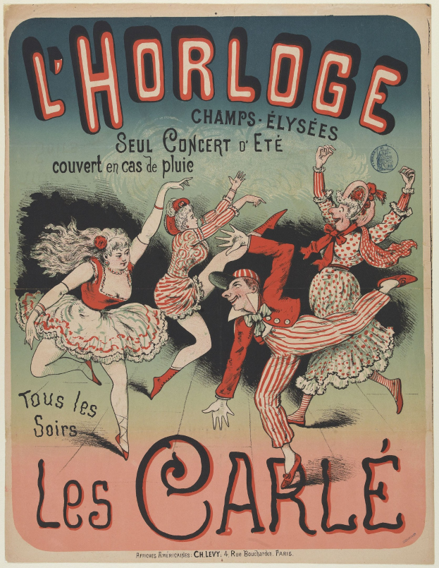 Ein farbenfrohes Plakat für ein Konzert im Chorlage in Paris, das eine Gruppe von Menschen in bunten Kostümen mit strahlenden Gesichtern beim Tanzen zeigt, umgeben von auffälligem Text auf einem hellgelben Hintergrund.