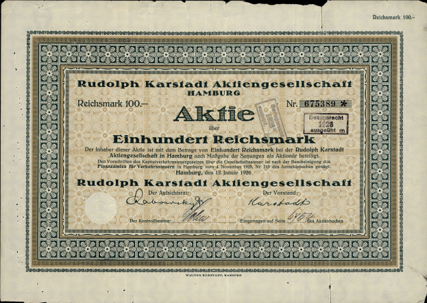 Ein altes deutsches Banknoten mit einem schwarzen Hintergrund und Text, der "Rudolph Karlstadt Aktiengesellschaft Hamburg" liest.