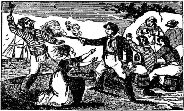 Ein Schwarz-Weiß-Zeichnung von Menschen am Strand mit einem Schiff im Hintergrund, einem Baum im Vordergrund und dem Text "Pirates of the Caribbean" unten.