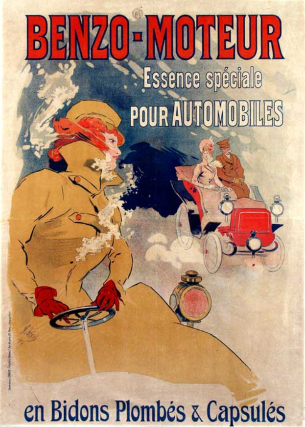 Ein Plakat mit einer Frau in einem leuchtend gelben Kleid, die ein klassisches, glänzendes Auto mit entschlossener Miene fährt, vor einem hellblauen Himmel mit weißen Wolken, das die Merkmale und Vorteile des Autos bewirbt.