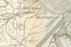 Ein detaillierter alter Stadtplan von Mannheim, Deutschland, mit Straßen, Gebäuden und Landmarken in Blautönen, Grüntönen und Gelbtönen.
