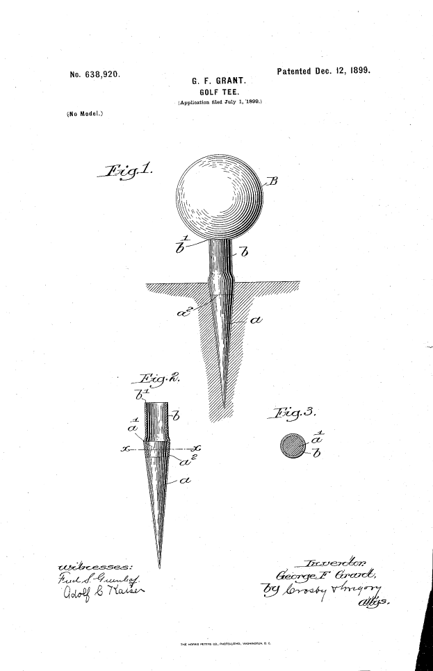 Eine Patentzeichnung eines Golftees mit einem daran befestigten Ball, auf einem Blatt Papier dargestellt.