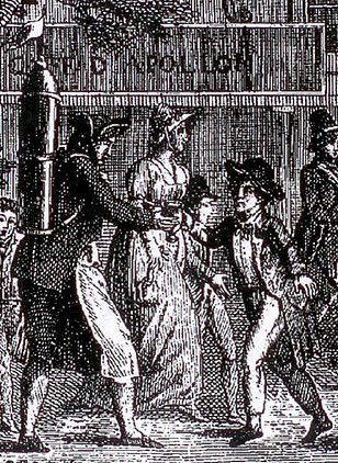 Schwarz-weiß-Zeichnung einer Gruppe verängstigter Menschen, die eine Straße entlanglaufen und an einem Gebäude vorbeikommen, mit einem Text unten, der "Victorian riots in London" lautet.
