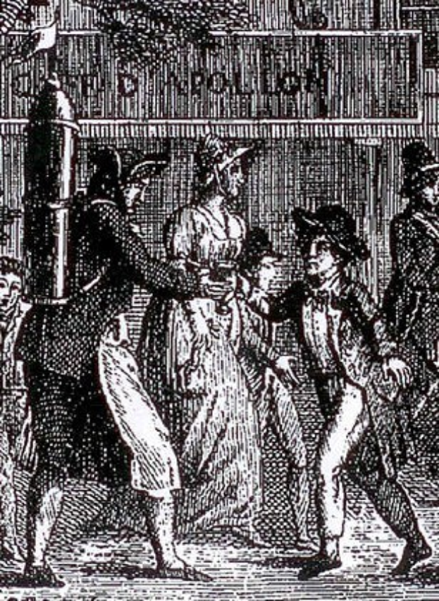 Schwarz-weiß-Zeichnung einer Gruppe verängstigter Menschen, die eine Straße entlanglaufen und an einem Gebäude vorbeikommen, mit einem Text unten, der "Victorian riots in London" lautet.