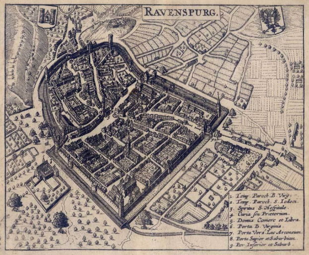 Ein detaillierter alter Stadtplan von Ravensburg, Deutschland, der Gebäude, Bäume, Stra√en, Parks und Landmarken mit detaillierten Texten zeigt.