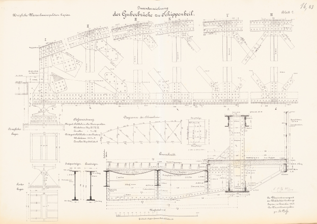 Ein altes Buch mit einer detaillierten Zeichnung einer Brücke, begleitet von Plänen und Text, der die Brücke beschreibt.