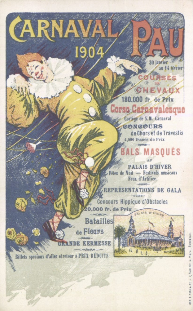 Ein altes Buch mit einem Clown in einem bunten Kostüm und einem verschmitzten Gesichtsausdruck auf dem Cover, betitelt mit 'Carnaval Pau 1904'.