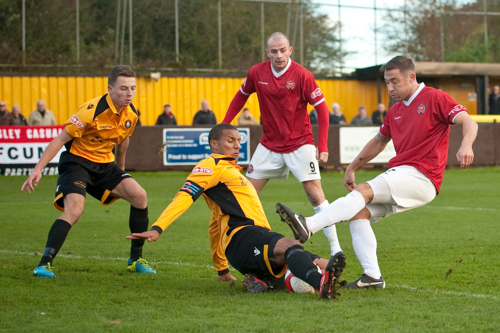Spieler in blauer und roter Uniform spielen ein Spiel auf einem Rasenfeld mit einem Ball, während Zuschauer außerhalb des Spielfelds stehen und sie anfeuern, mit einem Baum und Himmel im Hintergrund.