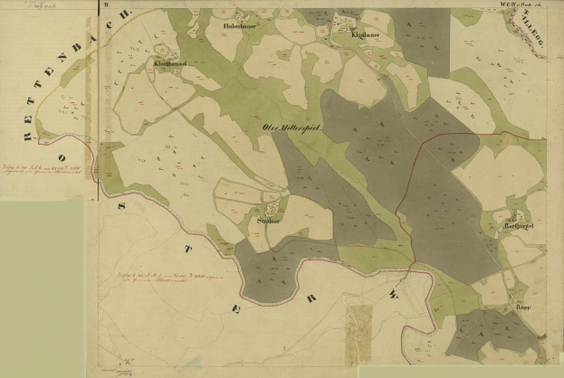 Ein altes Stadtplan von Stuttgart, Deutschland, der Stadtgrenzen, Straßen, Gebäude, Sehenswürdigkeiten und Textdetails anzeigt.
