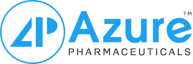 Das Azure Pharmaceuticals-Logo zeigt den Unternehmensnamen in fetter schwarzer Schrift, umgeben von einem blauen Kreis mit weißer Umrandung auf einem weißen Hintergrund.