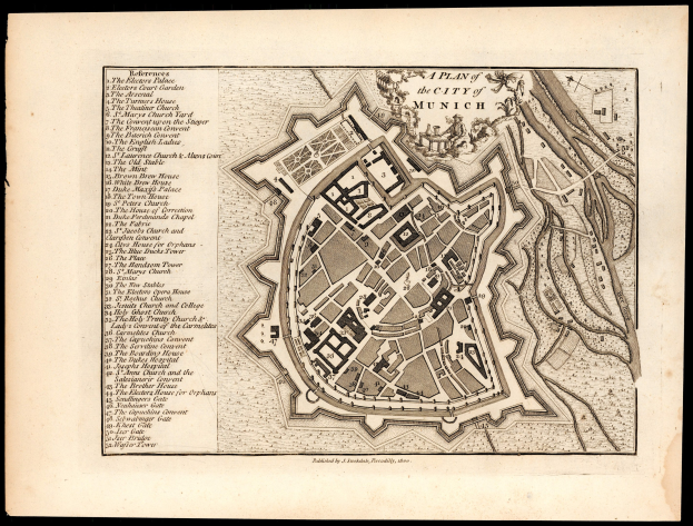 Detailierte alte Karte von München, Deutschland, mit Straßen, Gebäuden und Sehenswürdigkeiten auf einem schwarzen Hintergrund, einschließlich Textbeschriftungen zur Identifizierung.