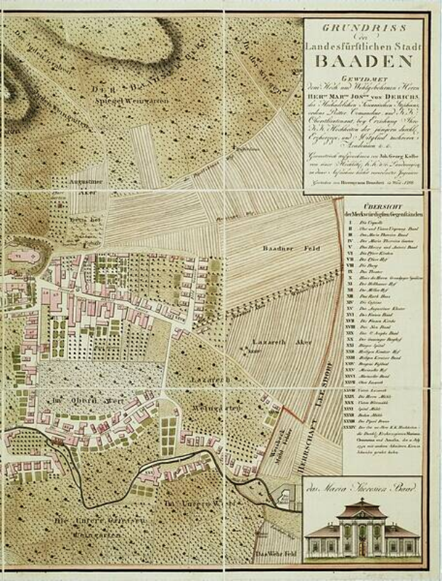 Ein detaillierter alter Stadtplan von Baden-Württemberg, Deutschland, der Straßen, Gebäude und Sehenswürdigkeiten zeigt, mit Text, der Stadtinformationen bereitstellt, und einem Gebäude in der rechten unteren Ecke.