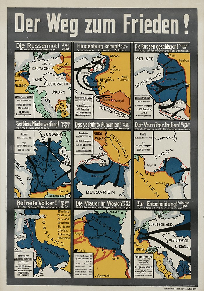 Plakat mit dem Titel "Der Weg zum Frieden", das eine farbenfrohe Karte von Deutschland mit Symbolen zeigt, die Regionen und L├Ąnder angeben.