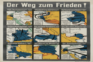 Plakat mit dem Titel "Der Weg zum Frieden", das eine farbenfrohe Karte von Deutschland mit Symbolen zeigt, die Regionen und L├Ąnder angeben.