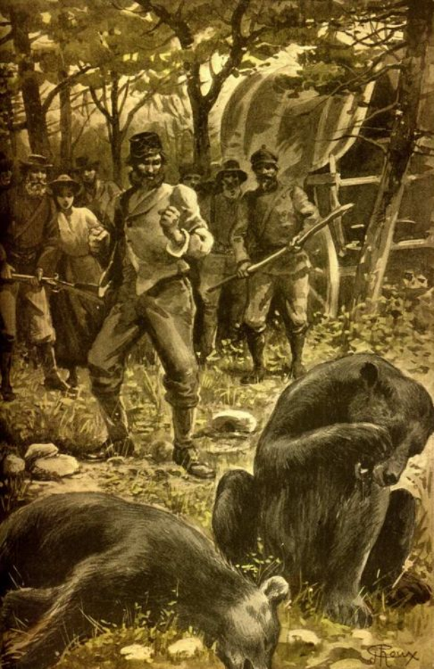 Ein schwarz-weißes Gemälde, das eine Gruppe von Menschen im Wald zeigt, einige halten Gewehre, mit einem Bär im Vordergrund, Bäumen und einem Wagen im Hintergrund und dem Text "Die schwarze Bärenjagd" unten.