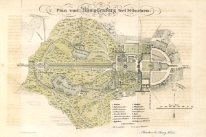 Ein alter Stadtplan von München, Deutschland, mit einem detaillierten Plan eines Parks und begleitendem Text, der das Layout des Parks beschreibt.