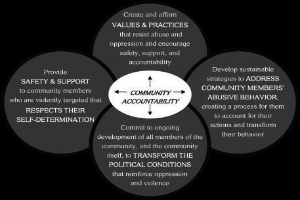 Ein Diagramm mit der Überschrift "Gemeinschaftliche Verantwortung" und einem zentralen Kreis, der über Pfeile mit drei überlappenden Kreisen verbunden ist.